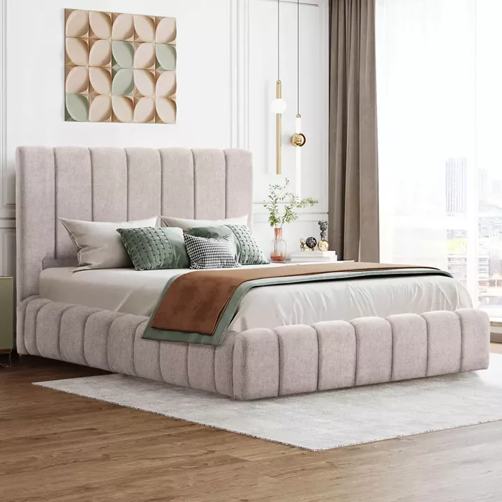 DOUBLE BED WITH MATTRESS & STORAGE SPACE REMO HM21167 BEIGE BOUCLE FABRIC--FOR 160x200cm.