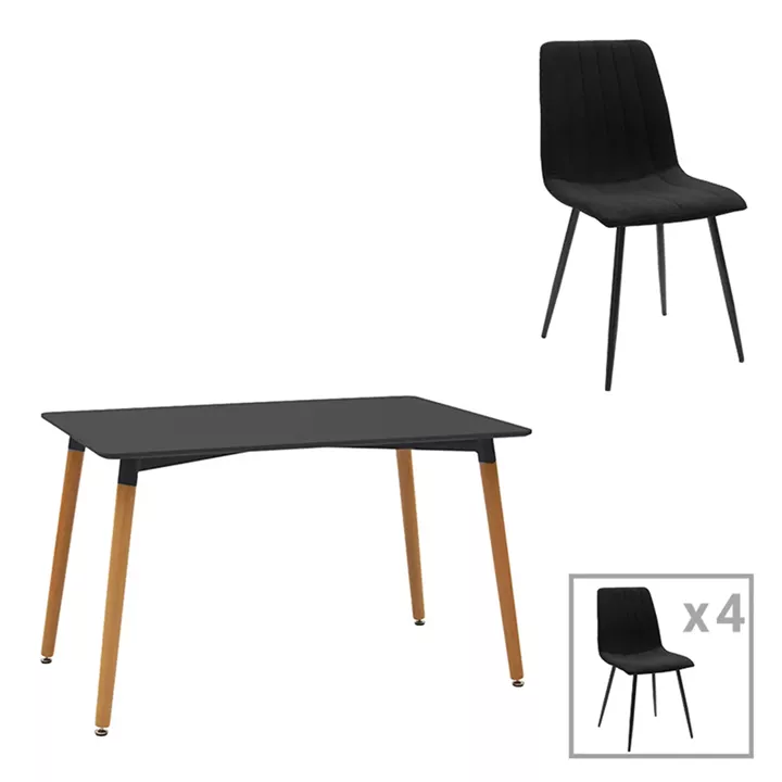 Τραπεζαρία Natali-Noor pakoworld σετ 5τεμ  MDF μαύρο-πόδια φυσικό 120x80x76εκ