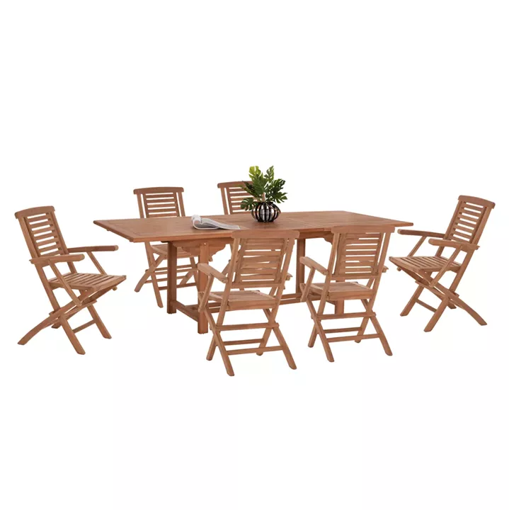 OUTDOOR DINING SET CRANDER HM21288 TABLE & 6 DINING CHAIRS FOLDABLE--TEAK WOOD