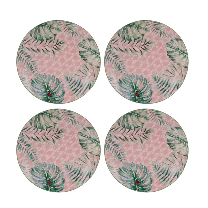 Artekko Tropical Ρηχά Πήλινα Πιάτα με Πράσινα και Ροζ Σχέδια (20x20x2)cm 4pcs