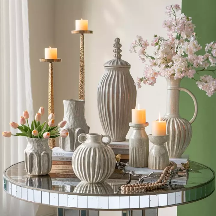 Artekko Akali Μπεζ Κεραμικό Διακοσμητικό Βάζο Δοχείο (27x23.5x48)cm