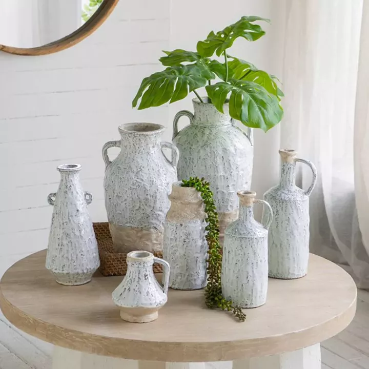 Artekko Bard Λευκό Διακοσμητικό Βάζο από Τερακότα με Μπεζ Λεπτομέρειες (14x14x15.5)cm