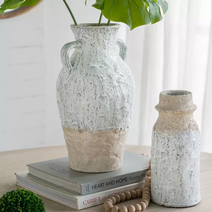 Artekko Bard Λευκό Διακοσμητικό Βάζο από Τερακότα με Μπεζ Λεπτομέρειες (12x12x26.5)cm