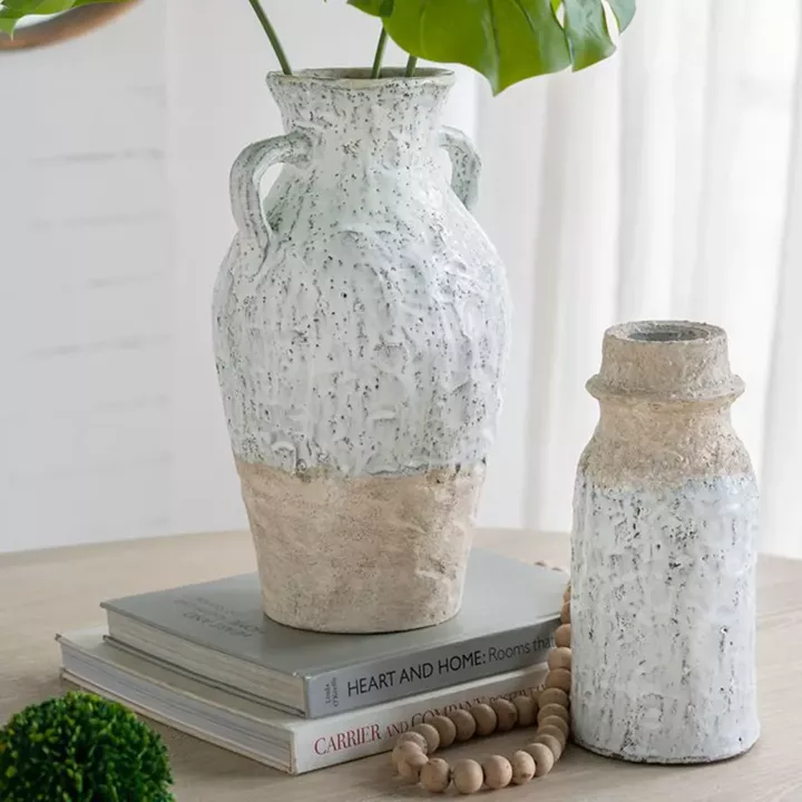 Artekko Bard Λευκό Διακοσμητικό Βάζο από Τερακότα με Μπεζ Λεπτομέρειες (20x20x35)cm