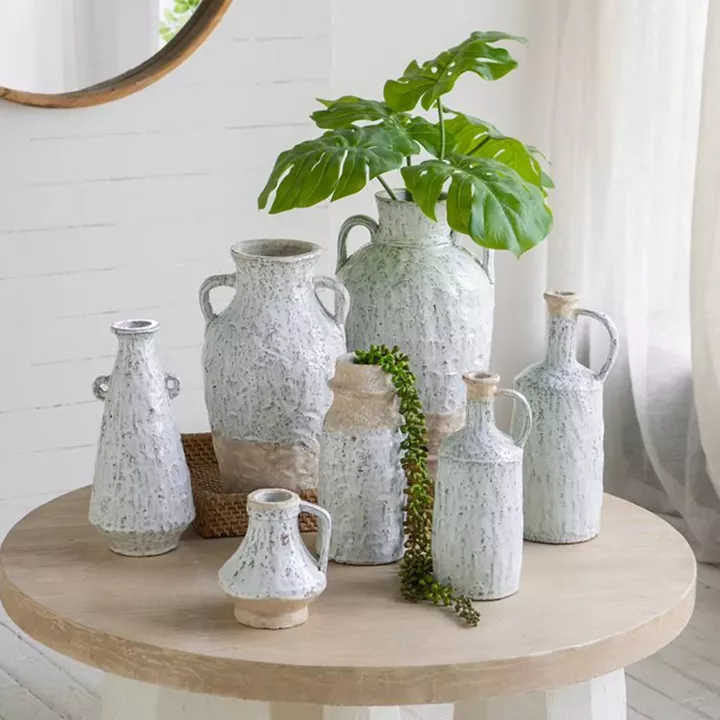 Artekko Bard Λευκό Διακοσμητικό Βάζο από Τερακότα με Μπεζ Λεπτομέρειες (22x22x40)cm