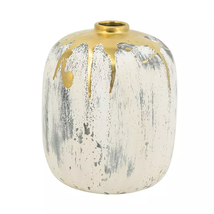 Artekko Kayle Μπεζ Διακοσμητικό Κεραμικό Βάζο με Χρυσές Λεπτομέρειες (16x16x20)cm