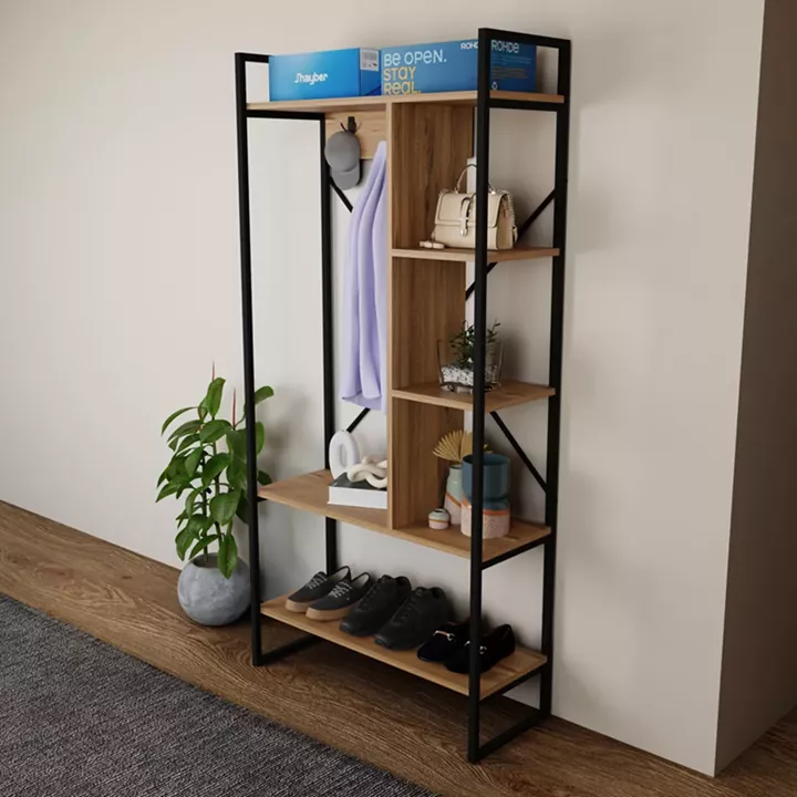 Feranda pakoworld entance furniture with oak shelves and black metal frame 88x34x180cm