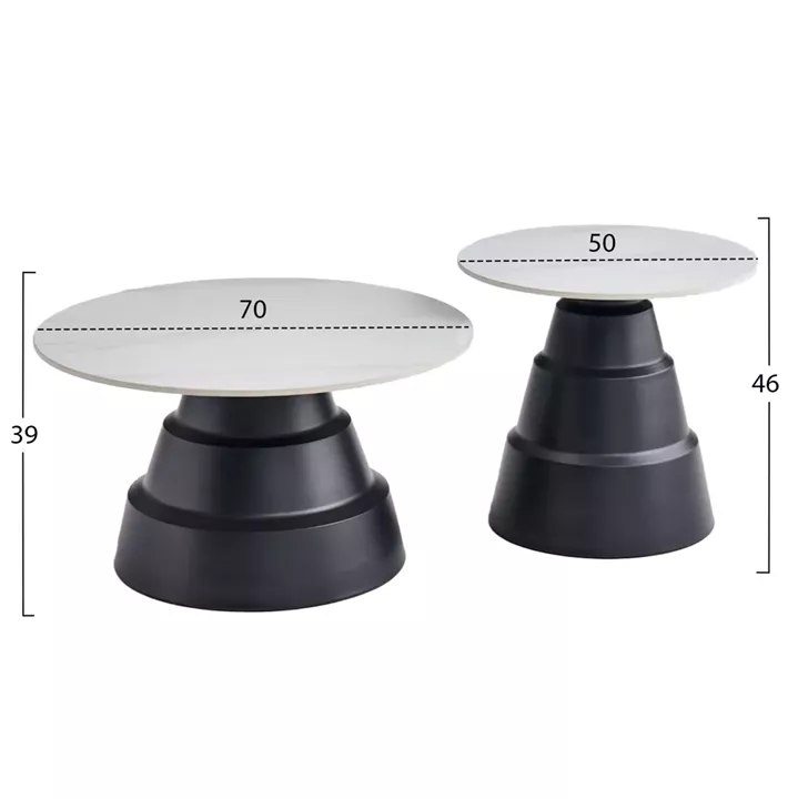 SET 2 COFFEE TABLES LIDOX HM18306.02 SINTERED STONE TOPS IN SNOW WHITE COLOR Φ50cm & Φ70cm