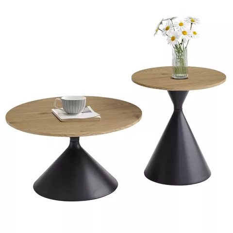 SET 2 COFFEE TABLES JENNEL(X) HM18308.02 METAL IN BLACK--MDF WITH PAPER VENEER Φ50cm & Φ70cm