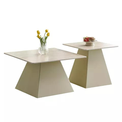 SET 2 COFFEE TABLES QUBER(X) HM18311.04 CERAMIC SQUARE TOPS--BASES IN CHAMPAGNE COLOR