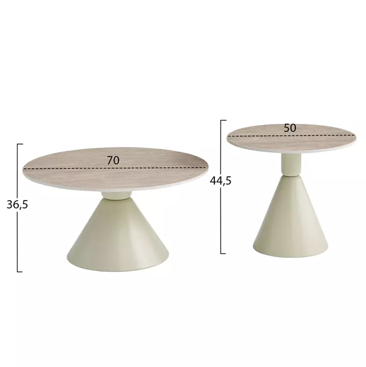 SET 2 COFFEE TABLES JEN HM18305.04 METAL IN CHAMPAGNE-CERAMIC IN TRAVERTINE COLORING Φ50cm & Φ70cm