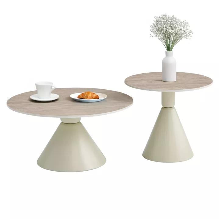 SET 2 COFFEE TABLES JEN HM18305.04 METAL IN CHAMPAGNE-CERAMIC IN TRAVERTINE COLORING Φ50cm & Φ70cm