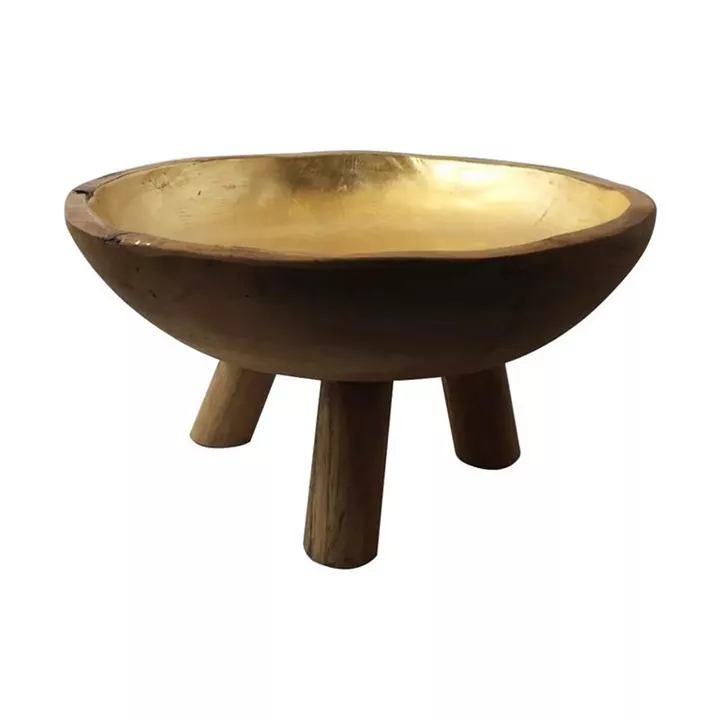 Artekko Woody Ξύλινο Διακοσμητικό Μπολ σε Φυσική Απόχρωση με Χρυσό (30x30x15)cm