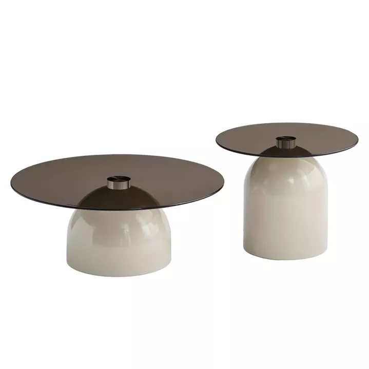 SET 2 COFFEE TABLES BELLINS HM18313.04 BEIGE METAL BASES--GLASS TOPS Φ50cm & Φ80cm