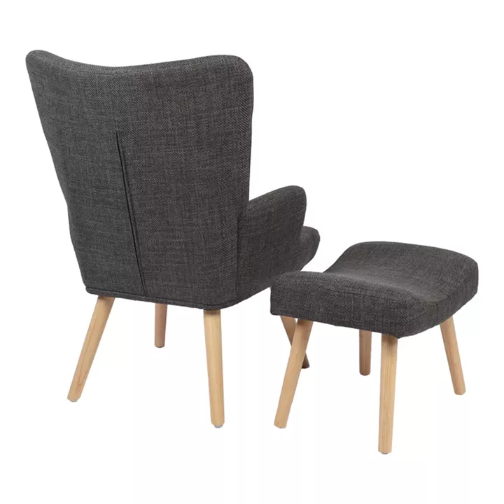 Armchair with footstool Gerlina pakoworld dark grey fabric and legs in natural color 71x64x94cm