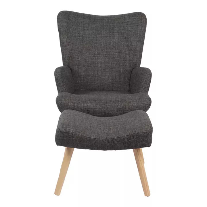 Armchair with footstool Gerlina pakoworld dark grey fabric and legs in natural color 71x64x94cm