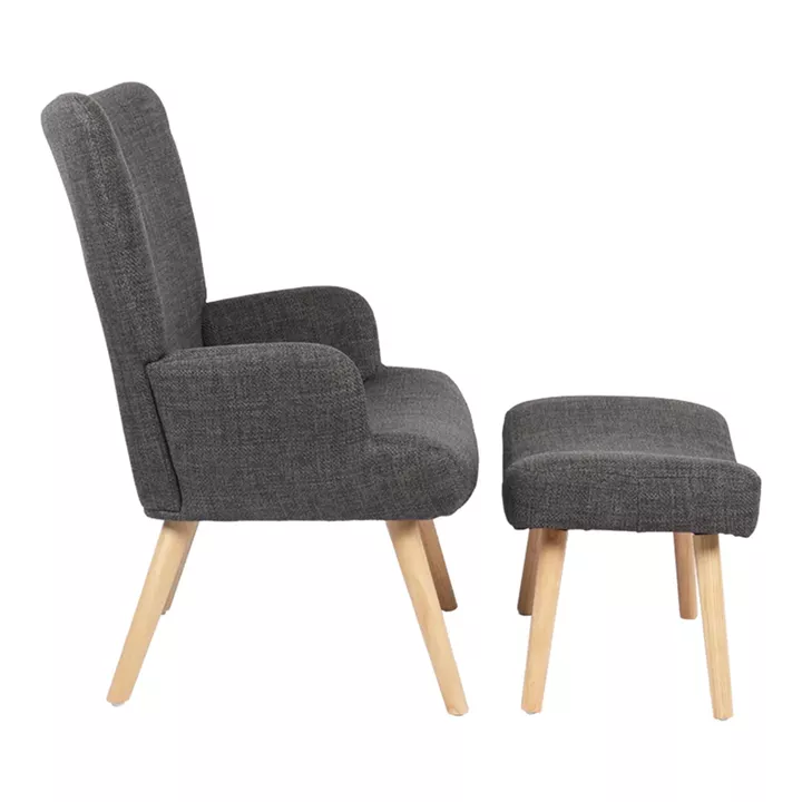 Armchair with footstool Gerlina pakoworld dark grey fabric and legs in natural color 71x64x94cm