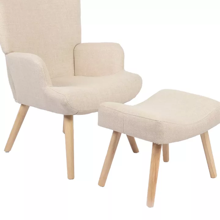 Armchair with footstool Gerlina pakoworld cream fabric and legs in natural color 71x64x94cm
