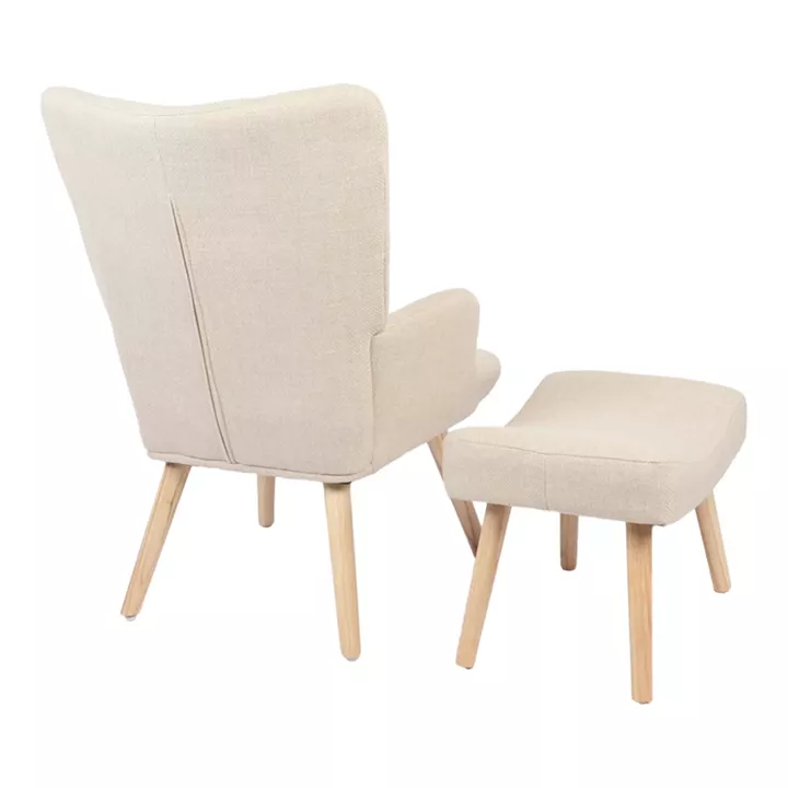Armchair with footstool Gerlina pakoworld cream fabric and legs in natural color 71x64x94cm