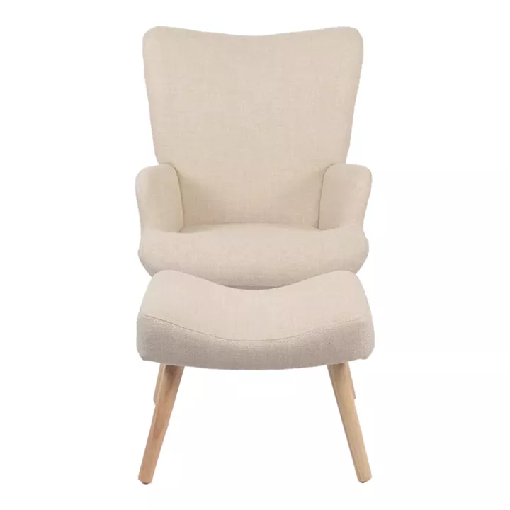 Armchair with footstool Gerlina pakoworld cream fabric and legs in natural color 71x64x94cm