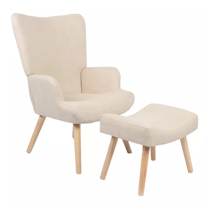 Armchair with footstool Gerlina pakoworld cream fabric and legs in natural color 71x64x94cm