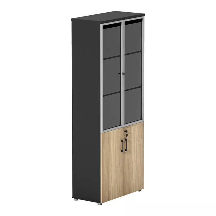 Professional bookcase Lotus pakoworld with doors by glass in natural-anhracite color 80x40x200cm