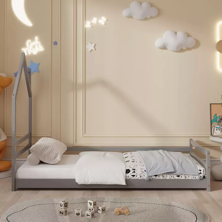 ΚΡΕΒΑΤΙ ΠΑΙΔΙΚΟ ΜΕ ΣΤΡΩΜΑ HOUSER HM21301.01 ΞΥΛΟ ΠΕΥΚΟΥ ΣΕ ΓΚΡΙ--ΣΤΡΩΜΑ 90x190εκ