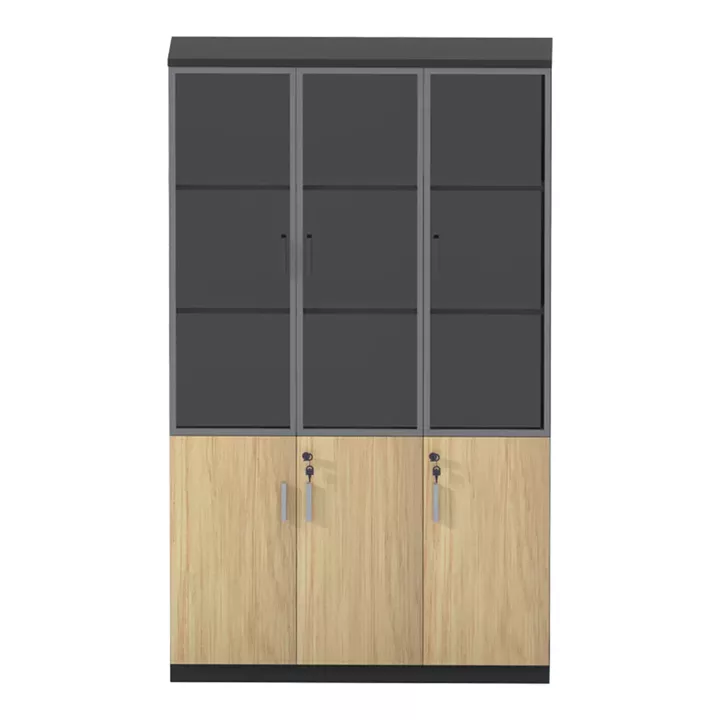 Bookcase Lotus pakoworld with glass and wood in natural - dark grey color 120x40x200cm