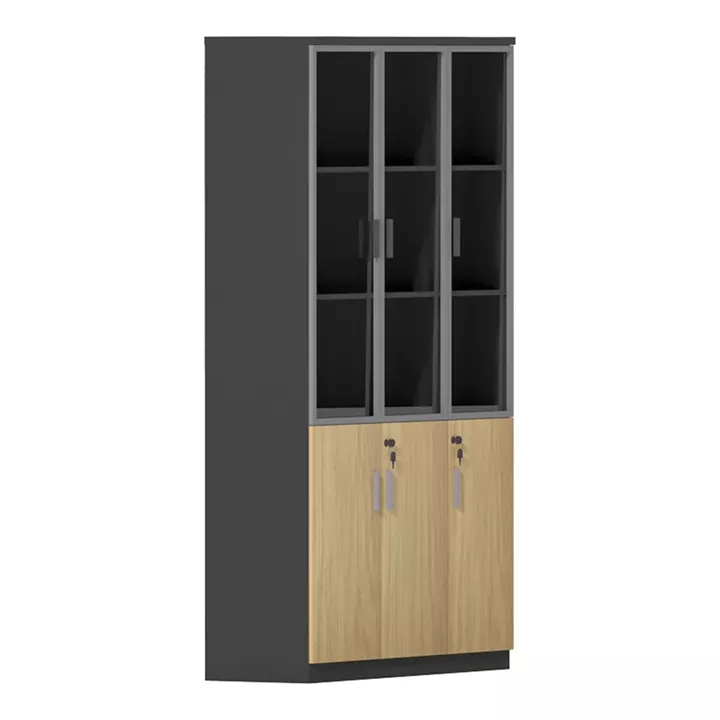 Bookcase Lotus pakoworld with glass and wood in natural - dark grey color 120x40x200cm