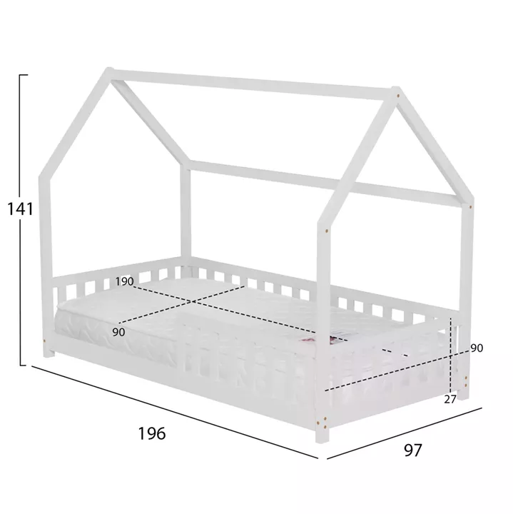 BED WITH MATTRESS PHYLLIS HM21304.01 PINE WOOD IN WHITE COLOR--MATTRESS 90x190cm