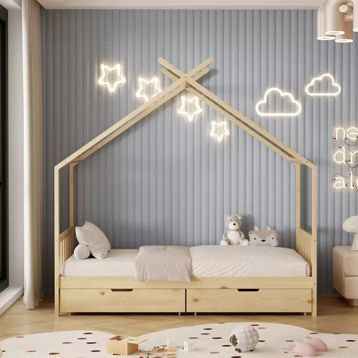 BED WITH MATTRESS KLARICE HM21305 PINE WOOD IN NATURAL WOOD COLOR--MATTRESS 90x190cm