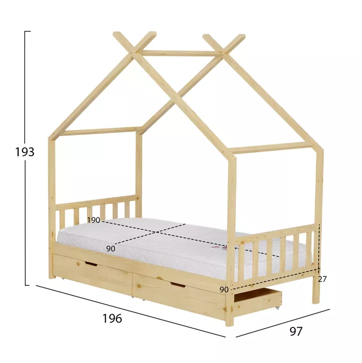 BED WITH MATTRESS KLARICE HM21305 PINE WOOD IN NATURAL WOOD COLOR--MATTRESS 90x190cm