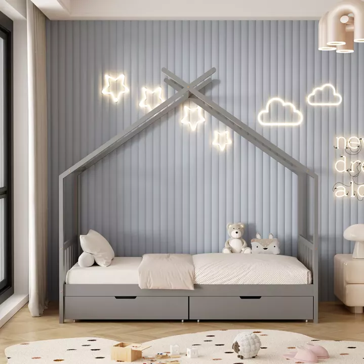 BED WITH MATTRESS KLARICE HM21305.02 PINE WOOD IN GREY COLOR--MATTRESS 90x190cm