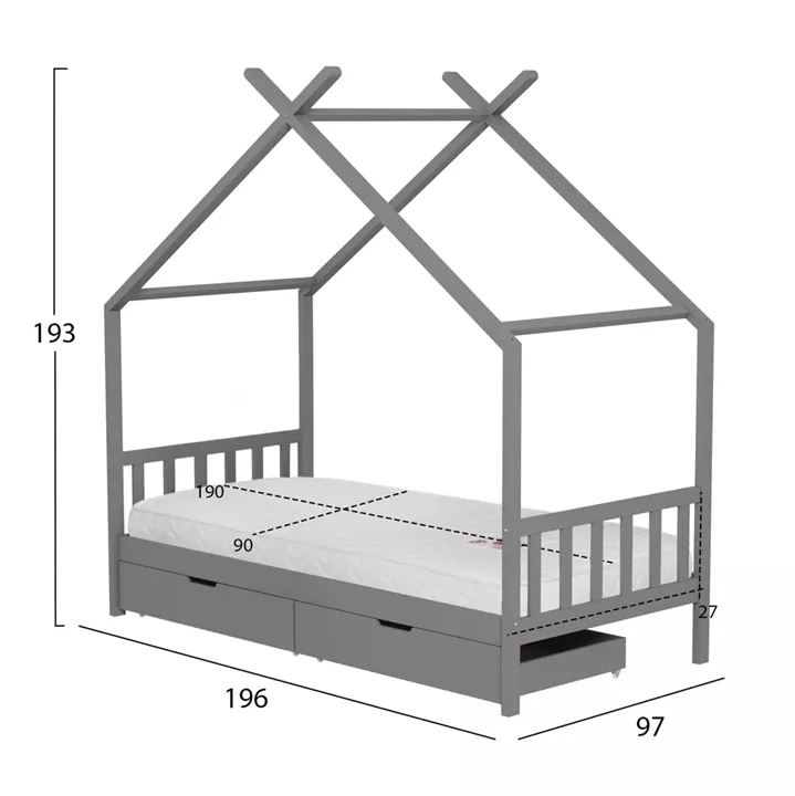 BED WITH MATTRESS KLARICE HM21305.02 PINE WOOD IN GREY COLOR--MATTRESS 90x190cm