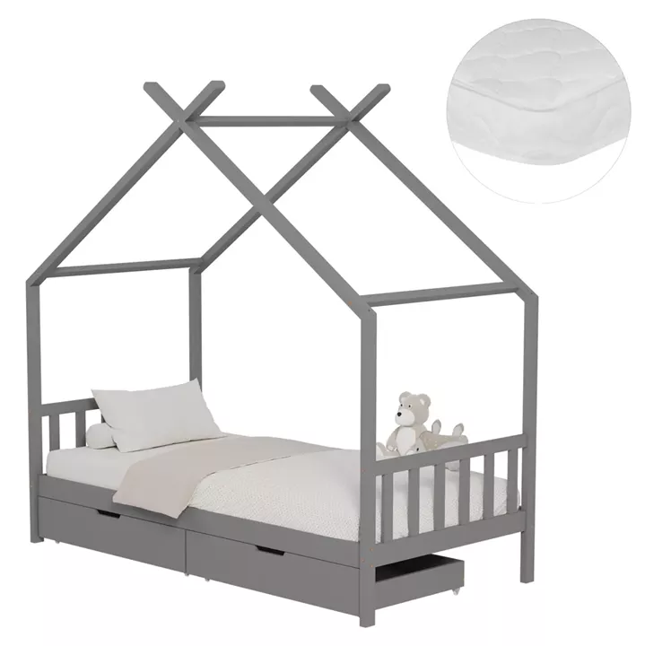 BED WITH MATTRESS KLARICE HM21305.02 PINE WOOD IN GREY COLOR--MATTRESS 90x190cm