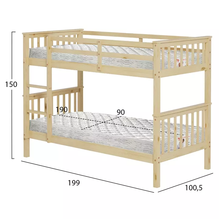 BUNK BED WITH 2 MATTRESSES LANTAI HM21307 PINE WOOD IN NATURAL COLOR--FOR MATTRESSES 90x190cm