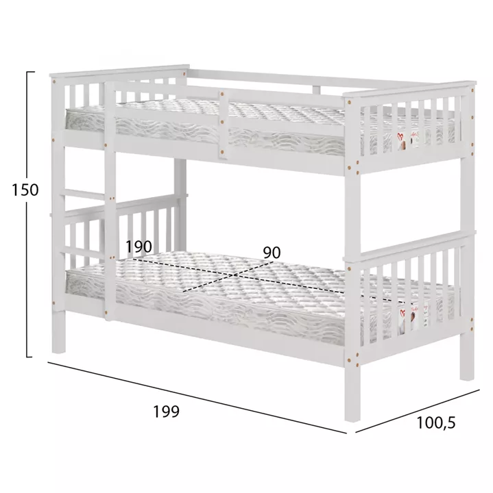 BUNK BED WITH 2 MATTRESSES LANTAI HM21307.01 PINE WOOD IN WHITE--FOR MATTRESSES 90x190cm