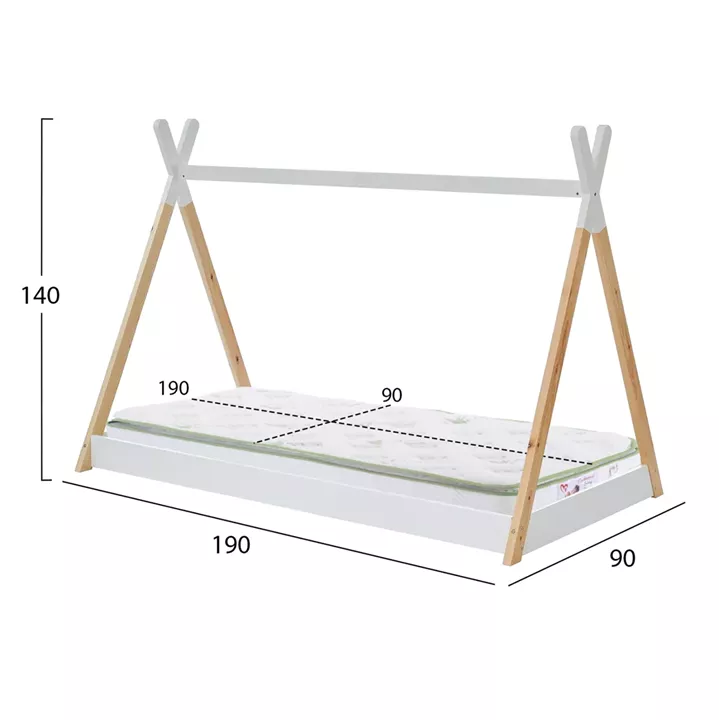 BED WITH MATTRESS MUNK HM21308 PINE WOOD IN NATURAL & WHITE--MATTRESS 90x190cm