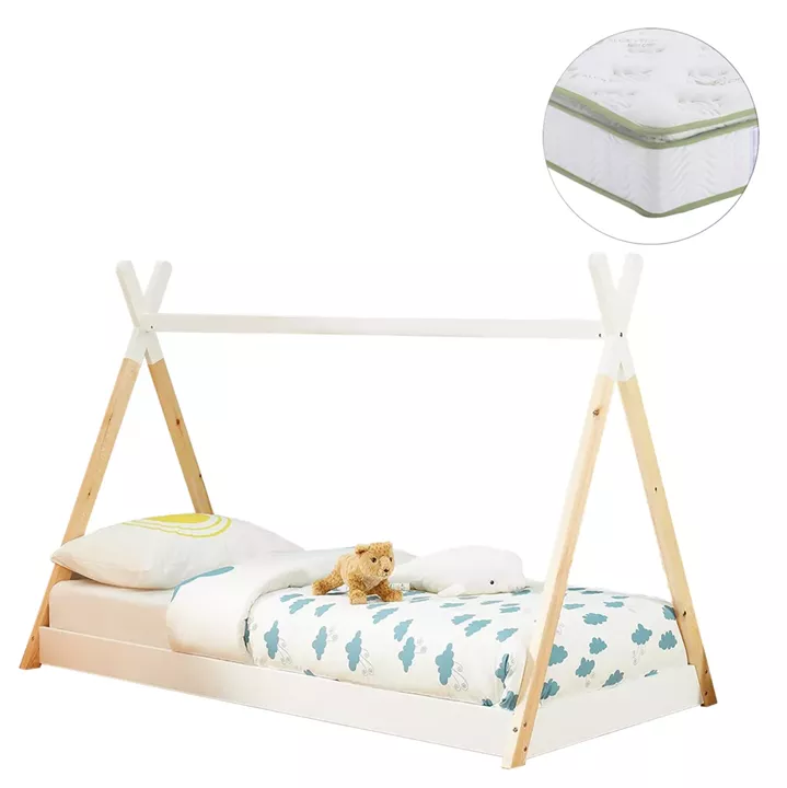 BED WITH MATTRESS MUNK HM21308 PINE WOOD IN NATURAL & WHITE--MATTRESS 90x190cm