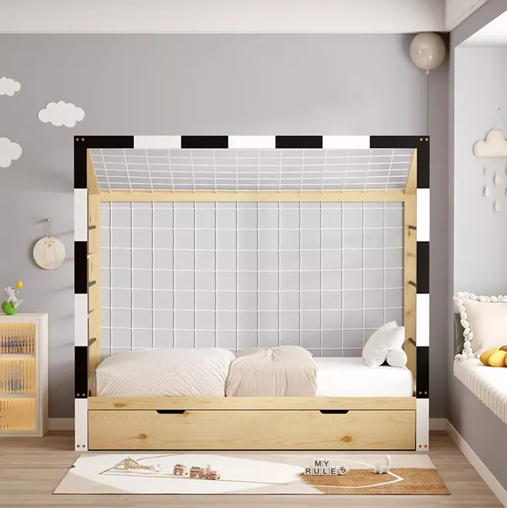 BED WITH MATTRESS GOALIE HM21309 PINE WOOD IN NATURAL-WHITE-BLACK--MATTRESS 90x190cm