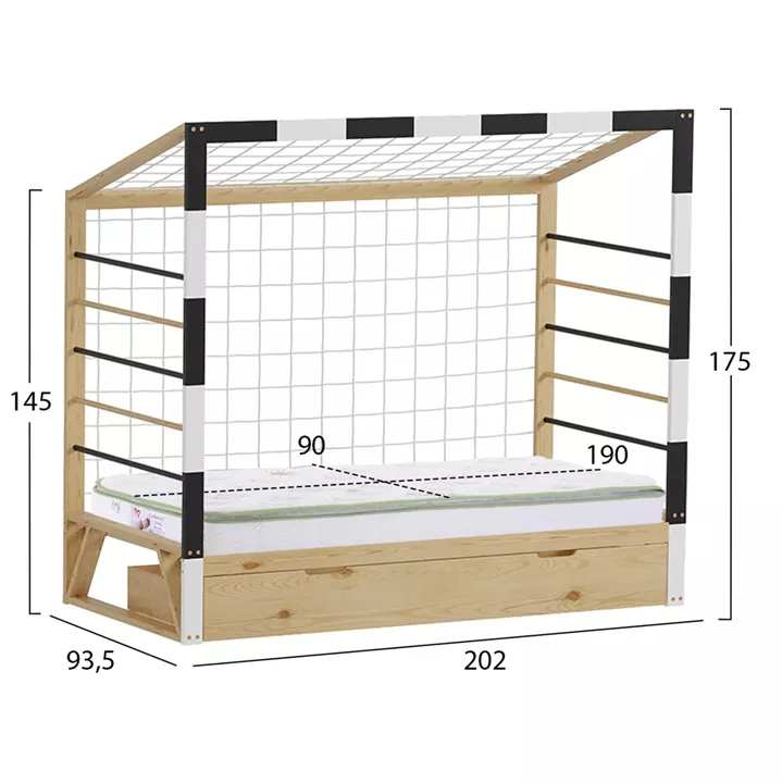 BED WITH MATTRESS GOALIE HM21309 PINE WOOD IN NATURAL-WHITE-BLACK--MATTRESS 90x190cm