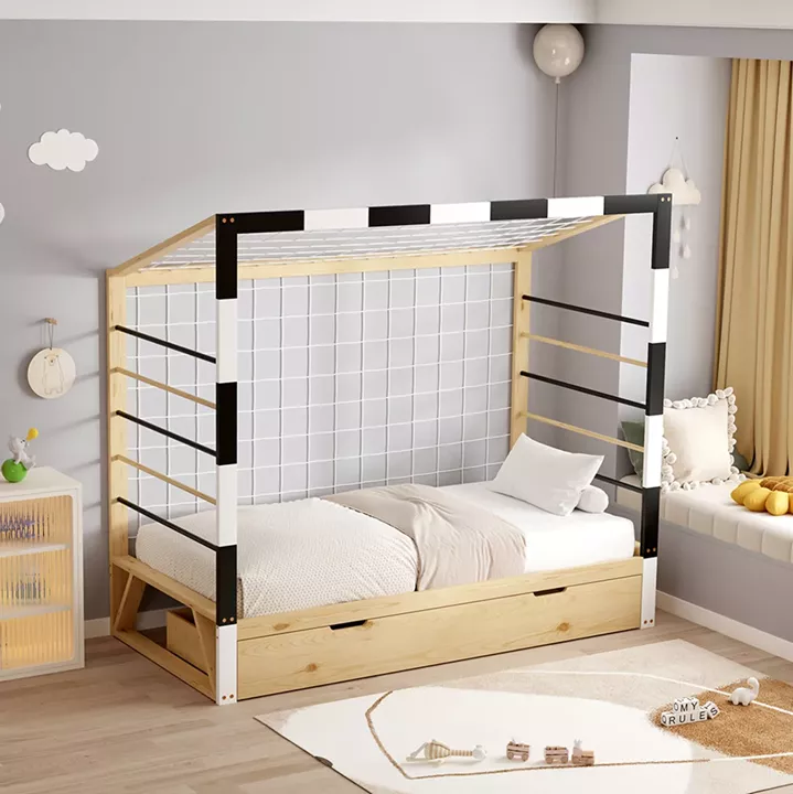 BED WITH MATTRESS GOALIE HM21309 PINE WOOD IN NATURAL-WHITE-BLACK--MATTRESS 90x190cm