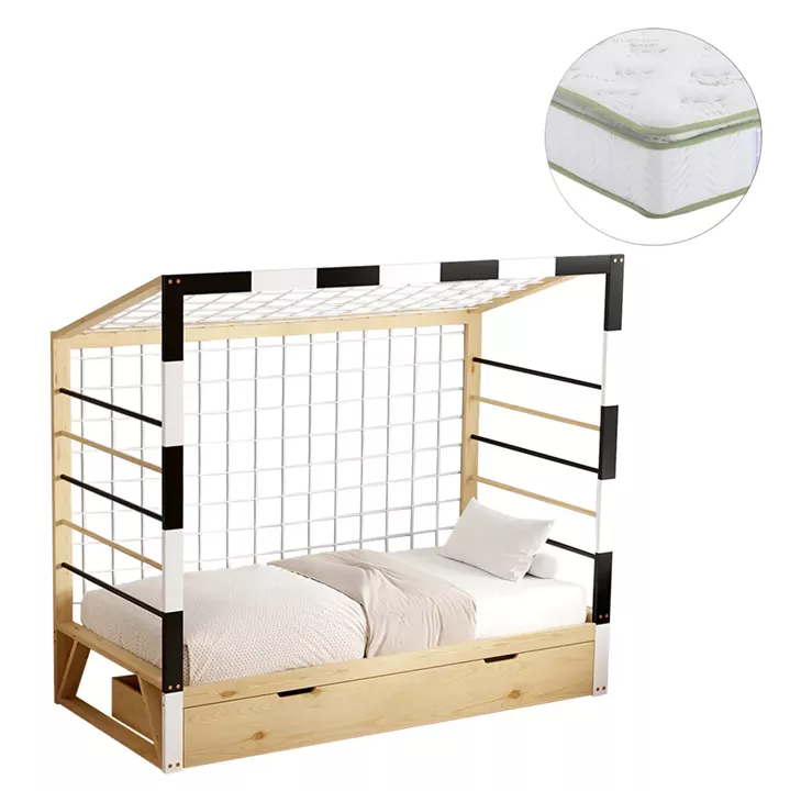 BED WITH MATTRESS GOALIE HM21309 PINE WOOD IN NATURAL-WHITE-BLACK--MATTRESS 90x190cm