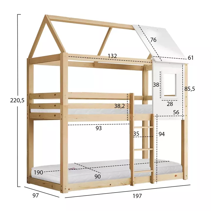 BUNK BED WITH 2 MATTRESSES HOOD HM21314 PINE WOOD IN NATURAL COLOR--FOR MATTRESSES 90x190cm