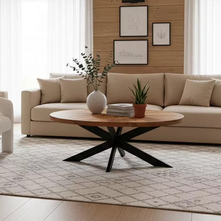 Coffee table Fardy pakoworld solid acacia wood in natural color with black metal legs 120x60x45cm