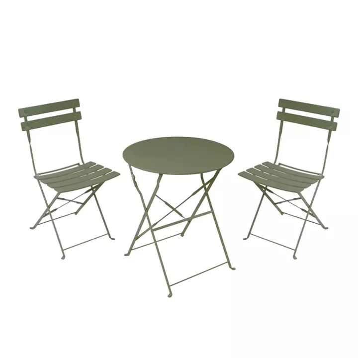Bistro dining table pakoworld set of 3 pieces, metal, foldable,olive green color, Φ60x71cm