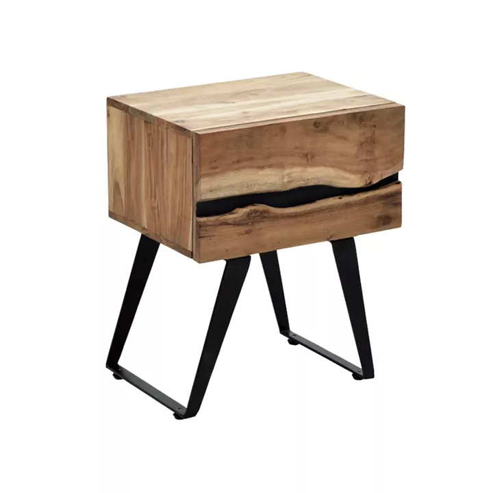 Imena bedside table pakoworld solid Acacia wood in natural shade with black metal legs 45x35x56cm