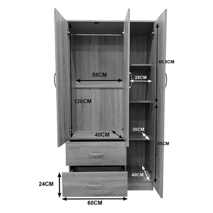 Three-door wardrobe with 2 drawers Lego pakoworld in sonoma-dark grey color 90x42x180cm