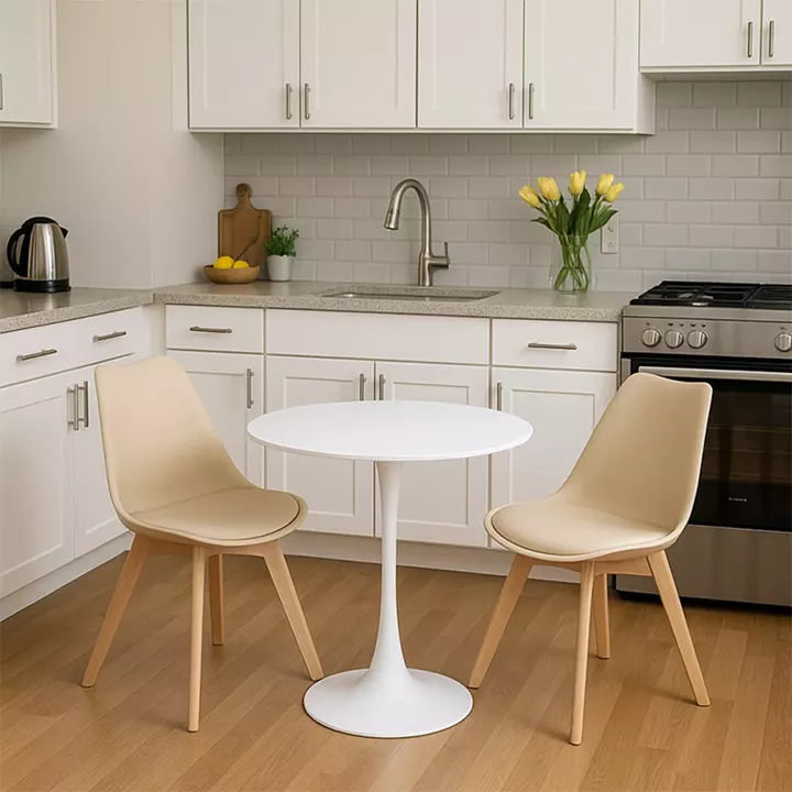 Τραπεζαρία Elijah-Gaston pakoworld σετ 3τεμ pp-pu σε taupe-λευκή απόχρωση με φυσικό πόδι Φ60x74εκ