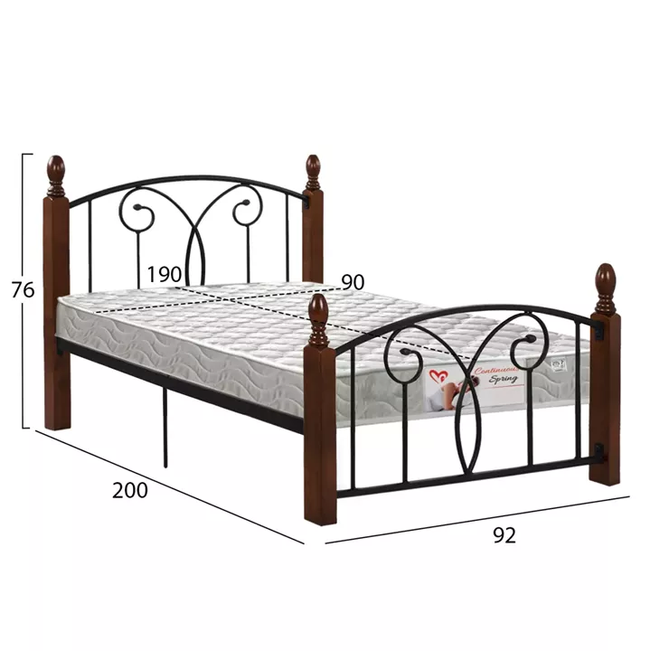 BED WITH MATTRESS SUZIE HM21331 METAL & WOOD IN WALNUT--MATTRESS 90x190cm